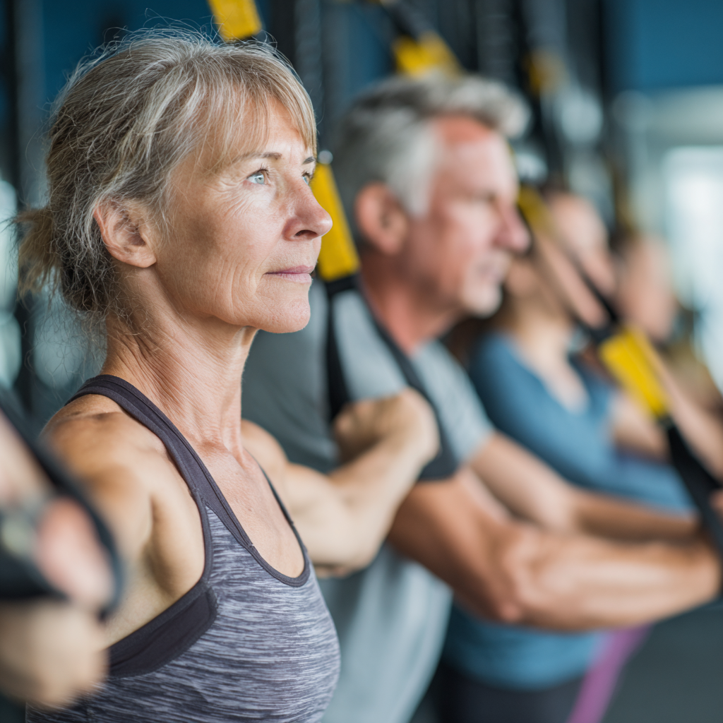 Middle aged adults participating in functional fitness training with professional guidance